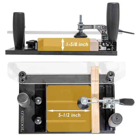 Top and side view of a Pro Grade Rail Coping Sled Router Table Jig with phenolic base and clamp for 5-1/2 x 1-5/8 stock.