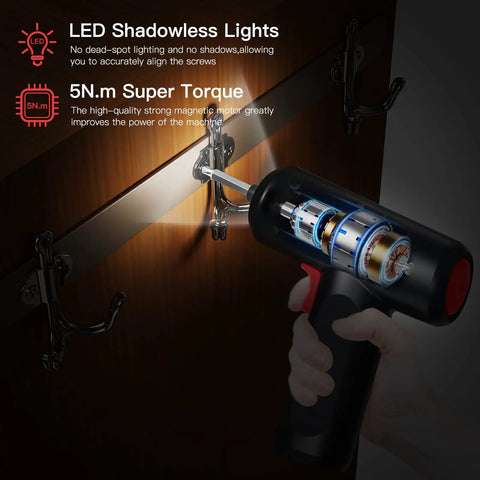 Cordless Electric Screwdriver Set Red, Rechargeable Precision Power Screwdriver lighting up a cabinet screw with LED shadowless lights