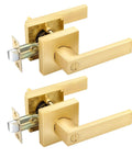 2 Pack Satin Brass Privacy Door Levers with Square Knobs Bed Bath Lockset Gold Finish showing side view with emergency release