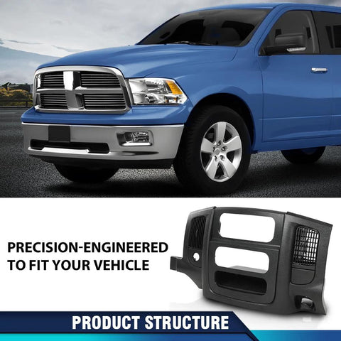 PIT66 dash center radio bezel trim panel with storage box for Dodge Ram 1500/2500/3500, solid black front view