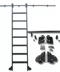 Rock Solid Ladder Sliding Hardware Kit With 20 Foot Barn Door Rail And Floor Casters For Quick Garage Or Closet Upgrade Smooth Glide Action And Reliable Snap Together Track showing black ladder and track system components.