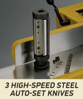 Close-up of three high-speed steel auto-set knives from Six Inch Jointer With Three Auto-Set High Speed Steel Knives, 1 HP Single Phase 115/230V.
