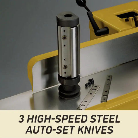 Close-up of three high-speed steel auto-set knives from Six Inch Jointer With Three Auto-Set High Speed Steel Knives, 1 HP Single Phase 115/230V.