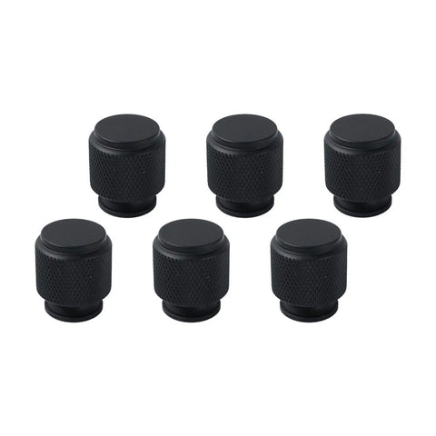 Solid As A Rock Polished Nickel Cabinet Door Knobs With Textured Aluminum Alloy Drawer Pulls Easy Install For Kitchen And Bath No Sweat Wipe Clean Daily Hardware six black cabinet knobs in a close-up view.