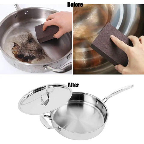 Hand using Six Pack Sanding Sponges Set With Coarse To Fine Grits 60 80 100 120 180 220 Grit Assortment on pots for cleaning.