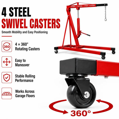 4 steel swivel casters of 5000 Lbs Folding Engine Hoist Cherry Picker Crane for smooth mobility and easy positioning.