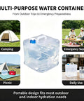 2 Pack 5.3 Gallon Collapsible Water Containers With Spigot for camping, hiking, travel, and emergency prep. Portable foldable BPA-free PVC jugs.