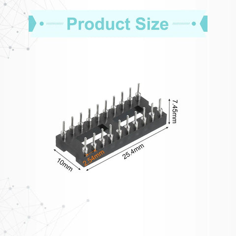 Diagram showing size of 24 Piece DIP IC Socket Adapter Kit With 7.62mm Row Pitch Round 20 Pin Sockets for breadboard projects.