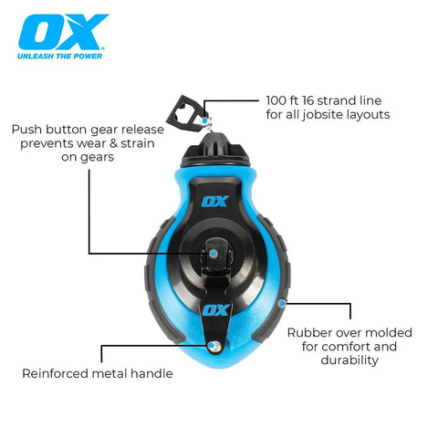 Chalk Line Kit With 100 Ft Thick Line Curved Hook 6 To 1 Gear Ratio Metal Handle Easy Top Load Ergonomic Shape And Rubber Grips