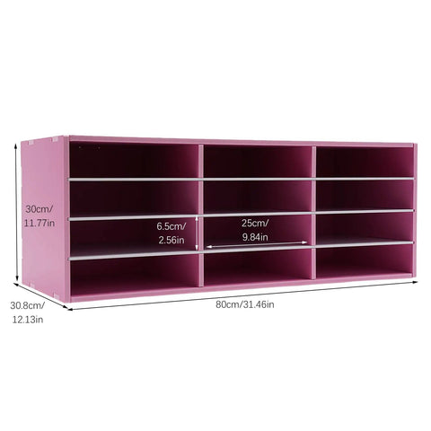 Pink PVC 12 Slot Mail Sorter Organizer For Office And Home Desk with dimensions shown