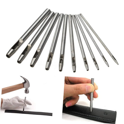Circle Hole Punch Set For Leather, Fabric, Plastic And Rubber showing metal tools with examples of punching leather