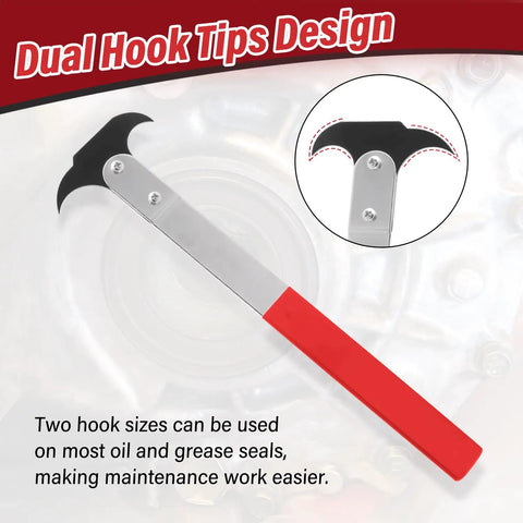 Oil Seal Puller Tool With Dual Hook Tips for Auto Seals, red handle, dual hook tips, close-up design view.