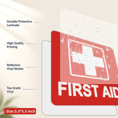 High Visibility First Aid Sticker Three Pack Reflective Sign Decals Five And A Half Inch By Five And A Half Inch With Bold White Medical Cross