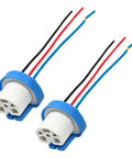 Two Pack Car Fog Light Socket Wire Harness Connector Compatible With 9007 9004 HB1 HB5 Bulbs featuring blue plugs and ceramic bases.