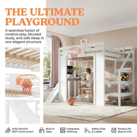No Fuss Full Size Wooden Loft Bed With Built In Desk And Clever Storage Stairs, Equipped With A Smooth Slide And Basketball Hoop For Top Tier Kid Vibes, Slick White Frame That Delivers Serious Space Saving Flex