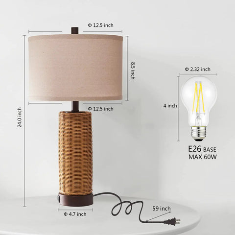Rattan Table Lamps Set Of 2 For Bedroom With 3 Way Dimmable Touch Control Rustic Natural Wicker Nightstand Lamps With USB Ports