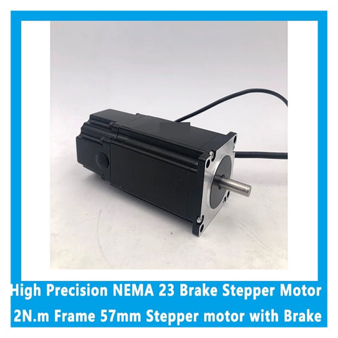 HBWLKJ01 NEMA 23 brake stepper motor with brake, 57mm frame, black housing, silver shaft.