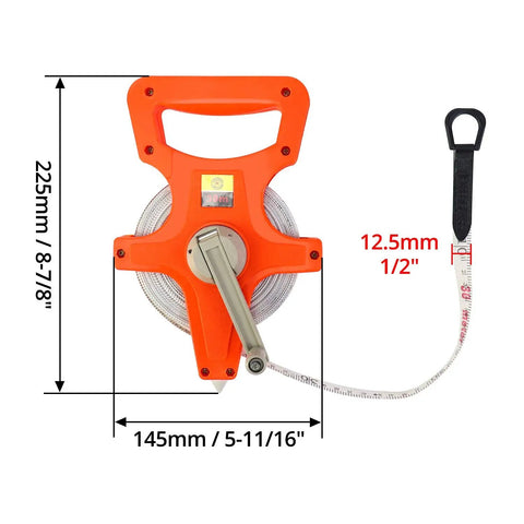 Pro Grade Fiberglass Tape Measure Half Inch By One Hundred Foot Open Reel Dual Sided For Inches And Feet With Ergonomic Grip