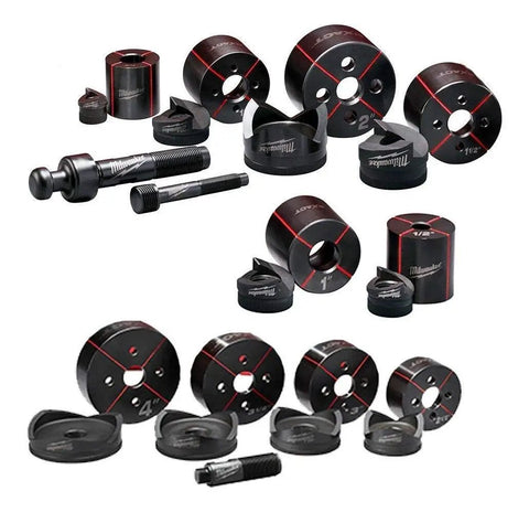 Assorted dies from 18V Cordless Knockout Tool Kit With Die Set, Force Logic Hydraulic Pump Delivers Up To 10 Tons, 1/2 In To 4 In Capacity.
