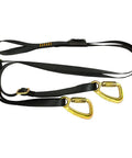 Black safety harness with adjustable nylon straps and two gold carabiner hooks