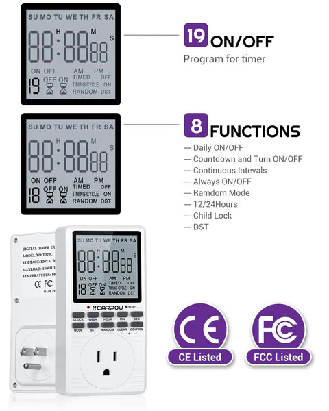 Image of Programmable Outlet Timer With Digital Countdown And Weekly Schedule For Intermittent Cycling displaying timer settings and features.