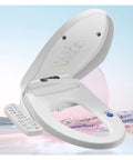 Pro Electric Smart Bidet Toilet Seat With Instant Heated Warm Water And Slow Close Design For Elongated Toilets Auto Lid shown open with remote control.