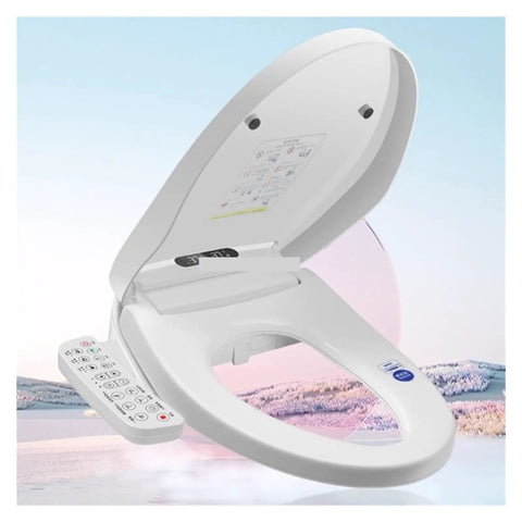 Pro Electric Smart Bidet Toilet Seat With Instant Heated Warm Water And Slow Close Design For Elongated Toilets Auto Lid shown open with remote control.