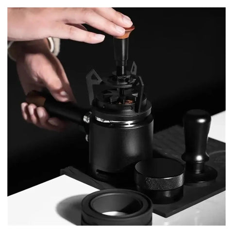 Smooth Operator Espresso Rotary WDT Tool And Coffee Stirrer With Built In Dosing Funnel Stand For Even Powder Distribution and Knockout Barista Shots At 54mm with hands adjusting tool.
