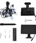 Solar Outdoor String Lights 100 Ft Shatterproof LED Patio Lights With Remote Control Waterproof For Indoor And Outdoor Use Dimmable With 4 Modes And 2 Level Timers Party Ready Backyard Vibe Decor components including bulbs, solar panel, remote, and stakes.