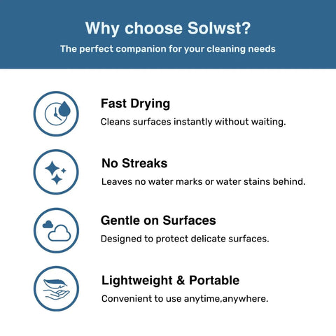 Solwst infographic showing Optix Clear Guard benefits: fast drying, no streaks, gentle on surfaces, lightweight.