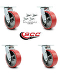 Set Of 4 Heavy Duty Swivel Casters With 6 Inch Red Polyurethane On Cast Iron Wheels Including Bolt On Locks Designed For Beast Mode Load Handling And Serious Daily Grind Tasks Built Like A Beefy Workhorse That Rolls Butter Smooth On Every Concrete Job.