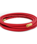 Red air acetylene torch hose fifteen feet with a fitting for AR B regulators and AR MC regulators and turbo style sof flame kits.