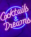 Real Glass Neon Light Sign For Home Bar And Pub Vibe, 17x14 Inch Wall Mount Neon Tube Sign, 'Cocktails & Dreams' text