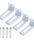 Four Pack Pro Grade Bifold Door Hardware Bottom Pivot Set With Support Metal Plate For Bi Fold Pocket Doors Includes Bottom Pivot And Bracket Fits Closet Doors From One Inch To One And Three Eighths Inches Thick Durable Replacement Kit, showing four metal brackets and four white pivots.