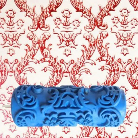The OG Decorative Texture Paint Roller With Interchangeable Pattern Design Imprint Brush in blue, used for creating textured wall patterns.
