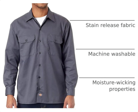 Men's Long Sleeve Work Shirt Charcoal Relaxed Fit Button Front With Twin Chest Pockets Built Like A Tank Cotton Poly Blend Wrinkle Resistant Finish For The Daily Grind, showcasing moisture-wicking fabric.