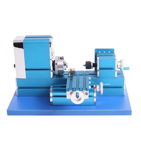Top Shelf Compact Mini Metal Lathe Motorized Benchtop Milling System showing blue alloy frame and precision components for crafting.
