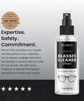 EVEO Glasses Cleaner Spray bottle with 2 oz capacity and streak-free label; lab-tested seal visible.