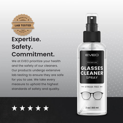 EVEO Glasses Cleaner Spray bottle with 2 oz capacity and streak-free label; lab-tested seal visible.