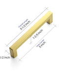 25 Pack 5 Inch Square Cabinet Handles In Brushed Brass Finish Stainless Steel Kitchen Hardware Pulls With 5 Inch Hole Center For Cabinets Gold Durable DIY Drawer Wardrobe Updates, showing dimensions.