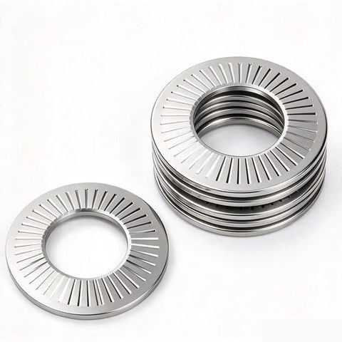 304 Stainless Steel Serrated Conical Disc Spring Washers For Rock Solid Bolt Anti Loosening Heavy Duty Knurled Locking Hardware M3 Through M16 Metric Sizes Grip Tight And Tough As Nails Value Pack stacked and side view, showcasing serrated edges.