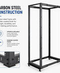 Beast Mode Heavy Duty 42U Server Rack Open Frame With Adjustable 23 To 41 Inch Depth For Pro Gear Setup and Clean Cable Routing Four Post Rack featuring carbon steel construction.