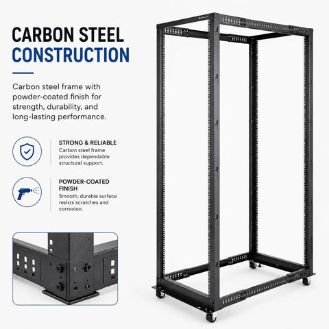 Beast Mode Heavy Duty 42U Server Rack Open Frame With Adjustable 23 To 41 Inch Depth For Pro Gear Setup and Clean Cable Routing Four Post Rack featuring carbon steel construction.