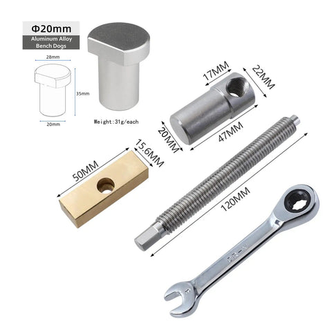 Two Pack Bench Dog Clamps With Four 20mm Bench Dogs For Woodworking Tables, Adjustable Desktop Clips And Fixture Vise Benches, Joinery Carpenter Tool Set For Solid 20mm Hole Benches, aluminum alloy parts with wrench