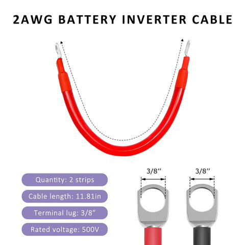 Two Package 2 Awg Battery Cables 12 Inch Pure Copper Power Inverter Wires With 3/8 Ring Lugs shown with red cable and terminal lug.