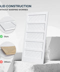 White Five Panel Barn Door With 7 Foot Track Kit Included 42 By 84 Inch Solid MDF Wood Slab Covered With Waterproof Scratch Resistant PVC Surface DIY Assembly And Easy Install, showcasing solid construction against warping.