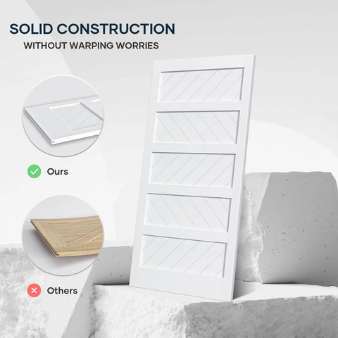 White Five Panel Barn Door With 7 Foot Track Kit Included 42 By 84 Inch Solid MDF Wood Slab Covered With Waterproof Scratch Resistant PVC Surface DIY Assembly And Easy Install, showcasing solid construction against warping.