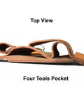 Top view of Leather Multitool Sheath EDC Belt Organizer For Flashlight And Tools showing four organized tool pockets.