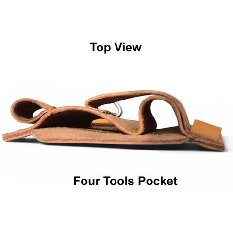 Top view of Leather Multitool Sheath EDC Belt Organizer For Flashlight And Tools showing four organized tool pockets.