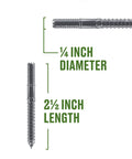 Stainless Steel Hanger Bolts 1/4 20 X 2 1/2 In Double Threaded Wood Metal Fasteners on display with dimensions labeled.